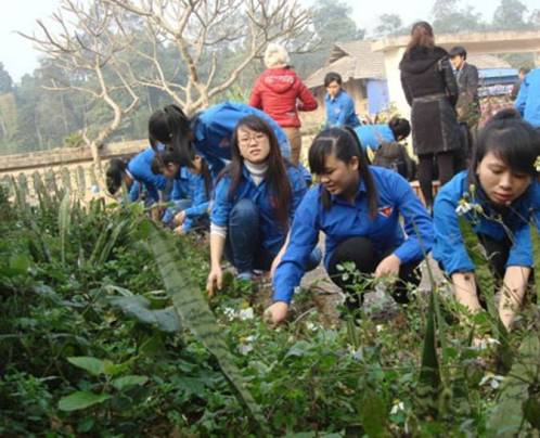 Sinh viên Trường Đại học Y - Dược Thái Nguyên tham gia tình nguyện chăm sóc vườn thuốc nam và vệ sinh môi trường tại xã Phúc Lương, huyện Đại Từ