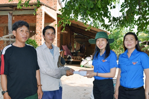 Phó Bí thư Thường trực Tỉnh đoàn Hoàng Thị Thanh Thúy trao tiền hỗ trợ gia đình anh Huỳnh Thanh Long