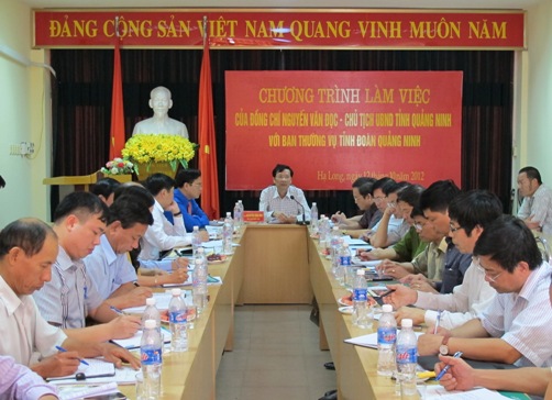 Đồng chí Nguyễn Văn Đọc, Chủ tịch UBND tỉnh phát biểu kết luận buổi làm vệc với BTV Tỉnh Đoàn Quảng Ninh
