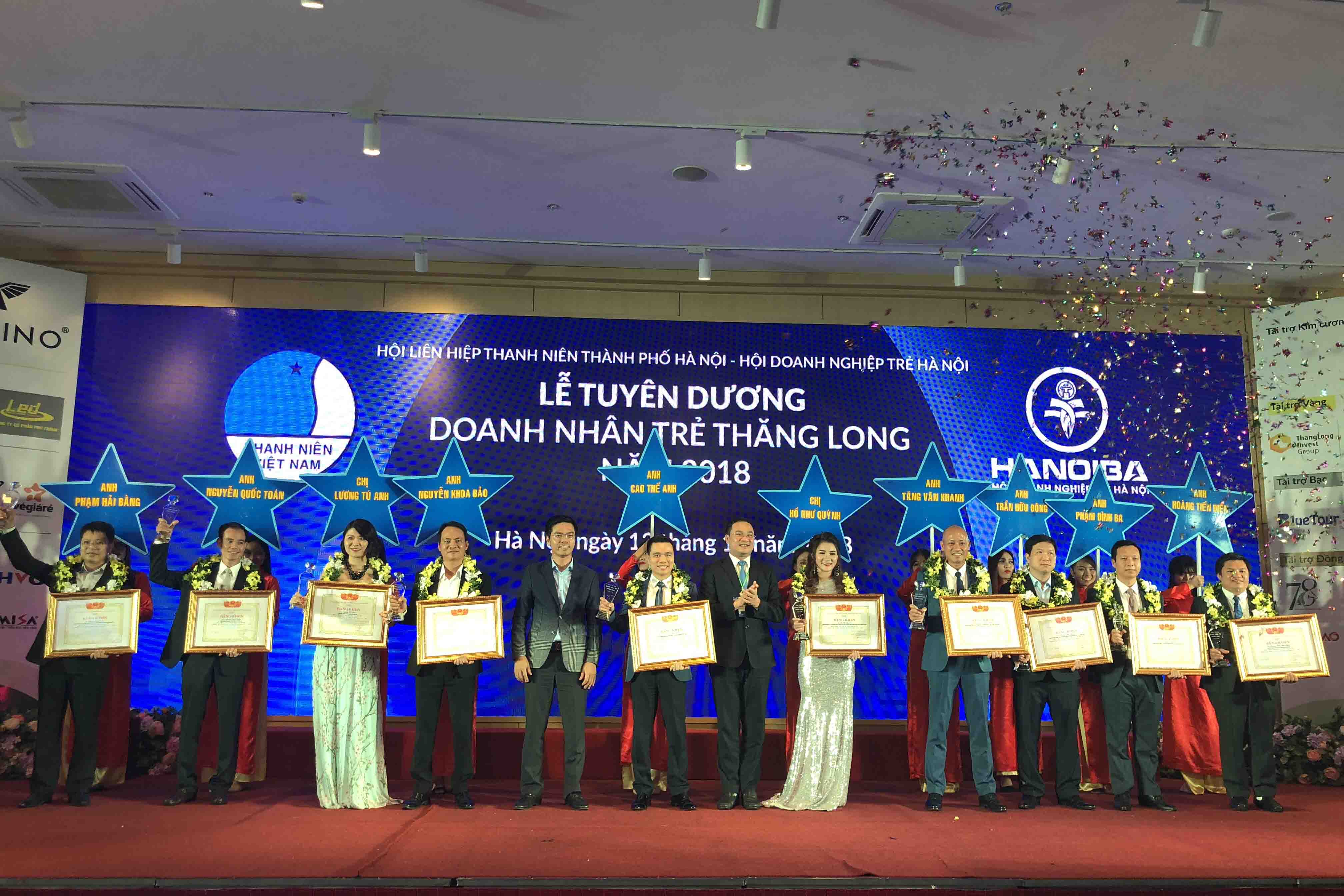 Top 10 doanh nhân được trao giải thưởng Doanh nhân trẻ Thăng Long 2018.