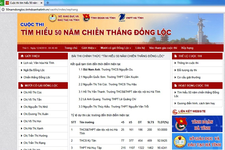 Hệ thống website cuộc thi tại địa chỉ http://50namdongloc.tinhdoanhatinh.vn/vaothi được mở từ 8h ngày 10/4/2018.