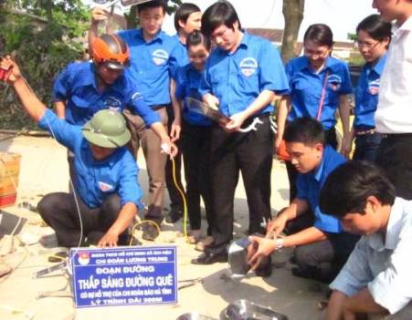 Đoàn cơ sở Báo Hà Tĩnh đang lắp đặt các thiết bị làm đường điện “Thắp sáng đường quê” tại xã Ích Hậu (Lộc Hà, Hà Tĩnh)