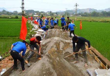 ĐVTN huyện Hàm Yên và Đoàn trường Cao đẳng Tuyên Quang phối hợp làm đường bê tông xã Bình Xa trong Tháng Thanh niên