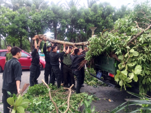 Lực lượng đoàn viên Công an Nghệ An chặt cây gãy đổ, giải phóng nhiều tuyến đường bị ách tắc