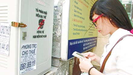  Sinh viên Nguyễn Thị Mỹ Hoa đang liên hệ với thông tin cho thuê nhà trọ được dán trên tủ phân phối điện hạ thế. Ảnh: P.V.