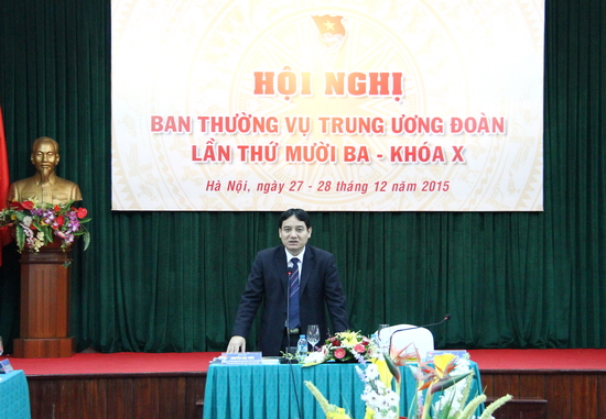 Đồng chí Nguyễn Đắc Vinh - Ủy viên dự khuyết BCH Trung ương Đảng, Bí thư thứ nhất BCH Trung ương Đoàn phát biểu kết luận hội nghị