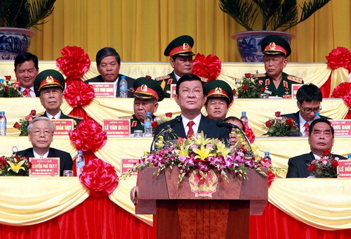 Chủ tịch nước Trương Tấn Sang đọc diễn văn tại lễ kỷ niệm. (Ảnh: Nguyễn Khang/TTXVN)
