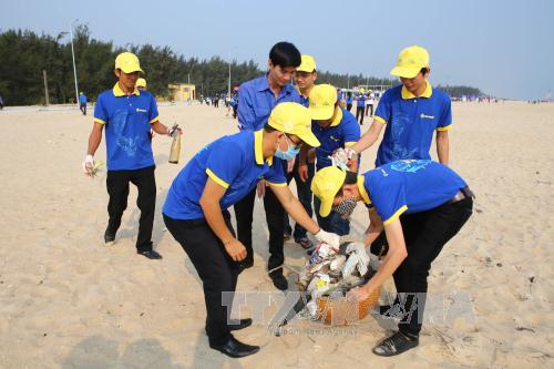 Lực lượng đoàn viên thanh niên tham gia làm sạch bờ biển trên địa bàn tỉnh Thừa Thiên- Huế sáng 12/5. Ảnh: Hồ Cầu-TTXVN